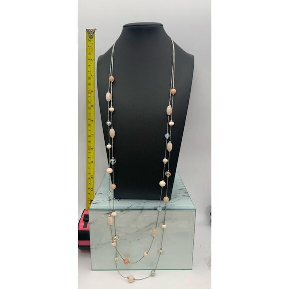 Loft Silver Tone Double Strand Soft Dainty Pink With AB Crystals Necklace - Picture 4 of 5